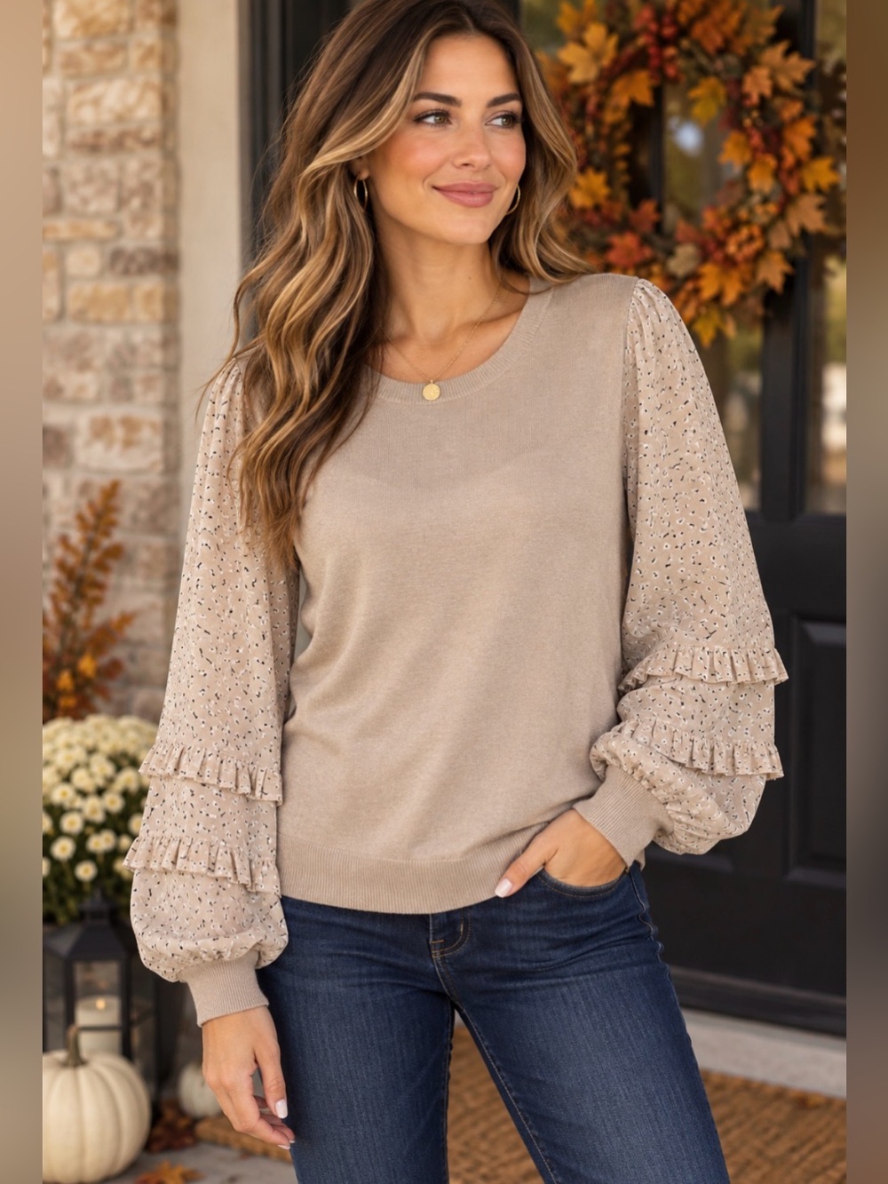 Adrianna Papell Taupe Ruffle Eyelet Sleeve Scoop Neck Sweater